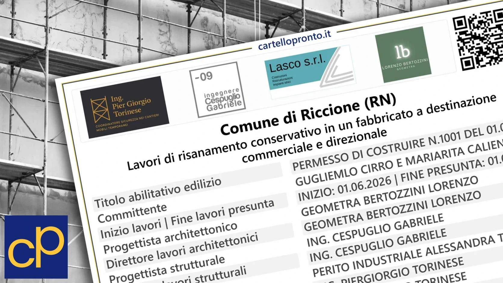 CartelloPronto: cartello di cantiere con dati, loghi e QR.