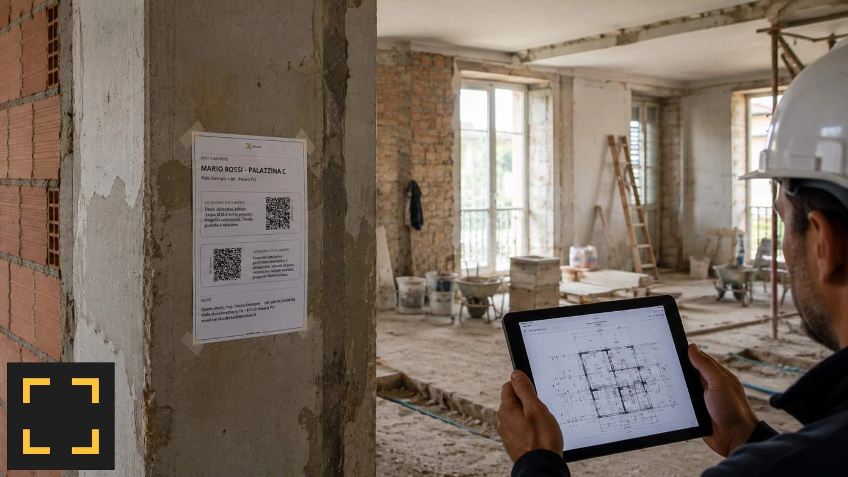 QR4Site: consultazione delle tavole su tablet accanto al foglio QR in cantiere.